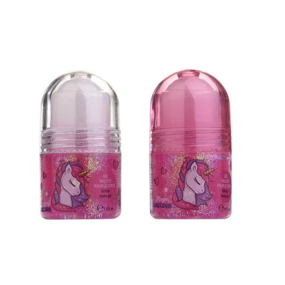 Unicorn glitter body gel, pink glitter in small clear-capped bottle