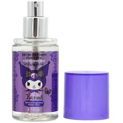 Kuromi body spray bottle with clear liquid, purple label, and silver spray cap