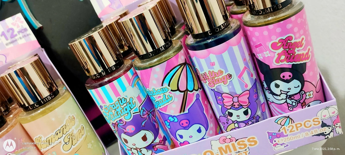 Close-up of Kuromi body spray bottles with gold caps and colorful labels