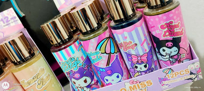 Close-up of Kuromi body spray bottles with gold caps and colorful labels