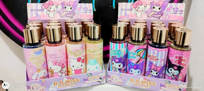 Assorted Kuromi body spray bottles with gold caps in retail display