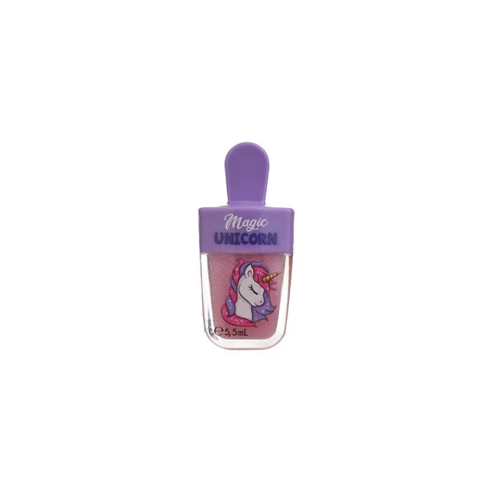 Unicorn lip gloss mini bottle with purple cap and clear body