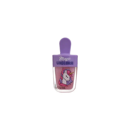 Unicorn lip gloss mini bottle with purple cap and clear body