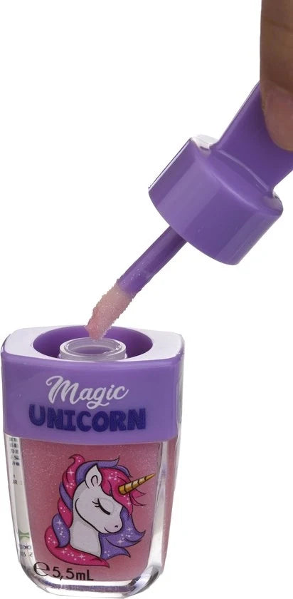 Unicorn lip gloss applicator with purple cap and clear tube