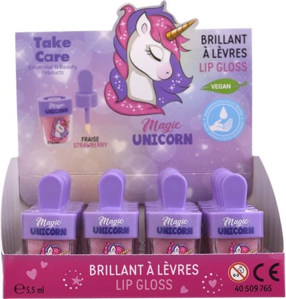 Unicorn lip gloss display box with four purple cap bottles