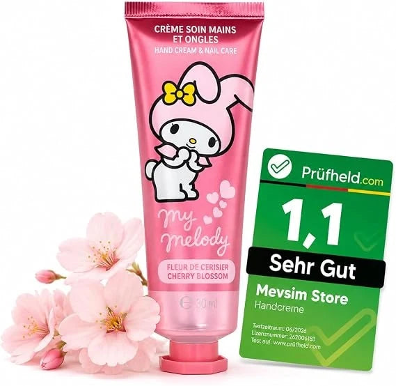 Pink hand cream and nail care tube with My Melody character and bow graphic