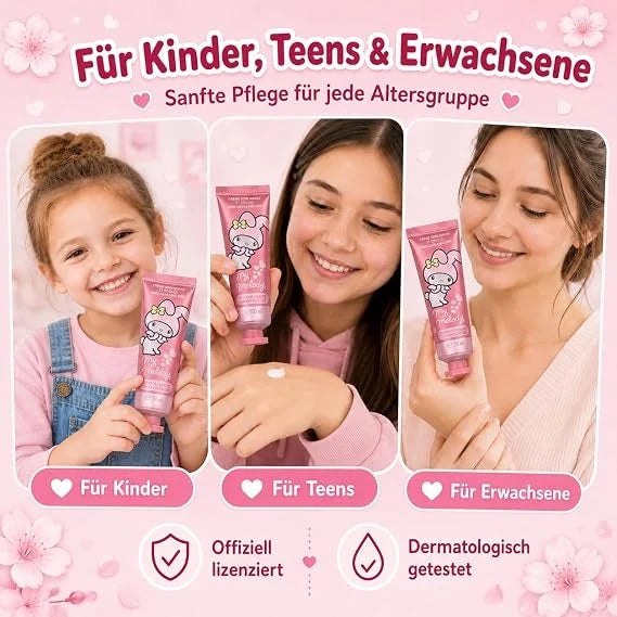 Hand cream tube displayed with child, teen, and adult applying cream to hands