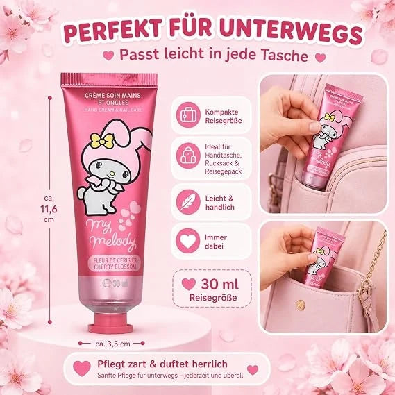 Pink hand cream tube with My Melody graphics, shown as travel-size for pockets and bags
