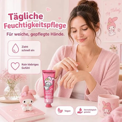 Pink hand cream tube with My Melody design on table next to woman applying cream