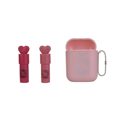 Pink Hello Kitty lipstick case with chain and two heart-topped lipstick tubes