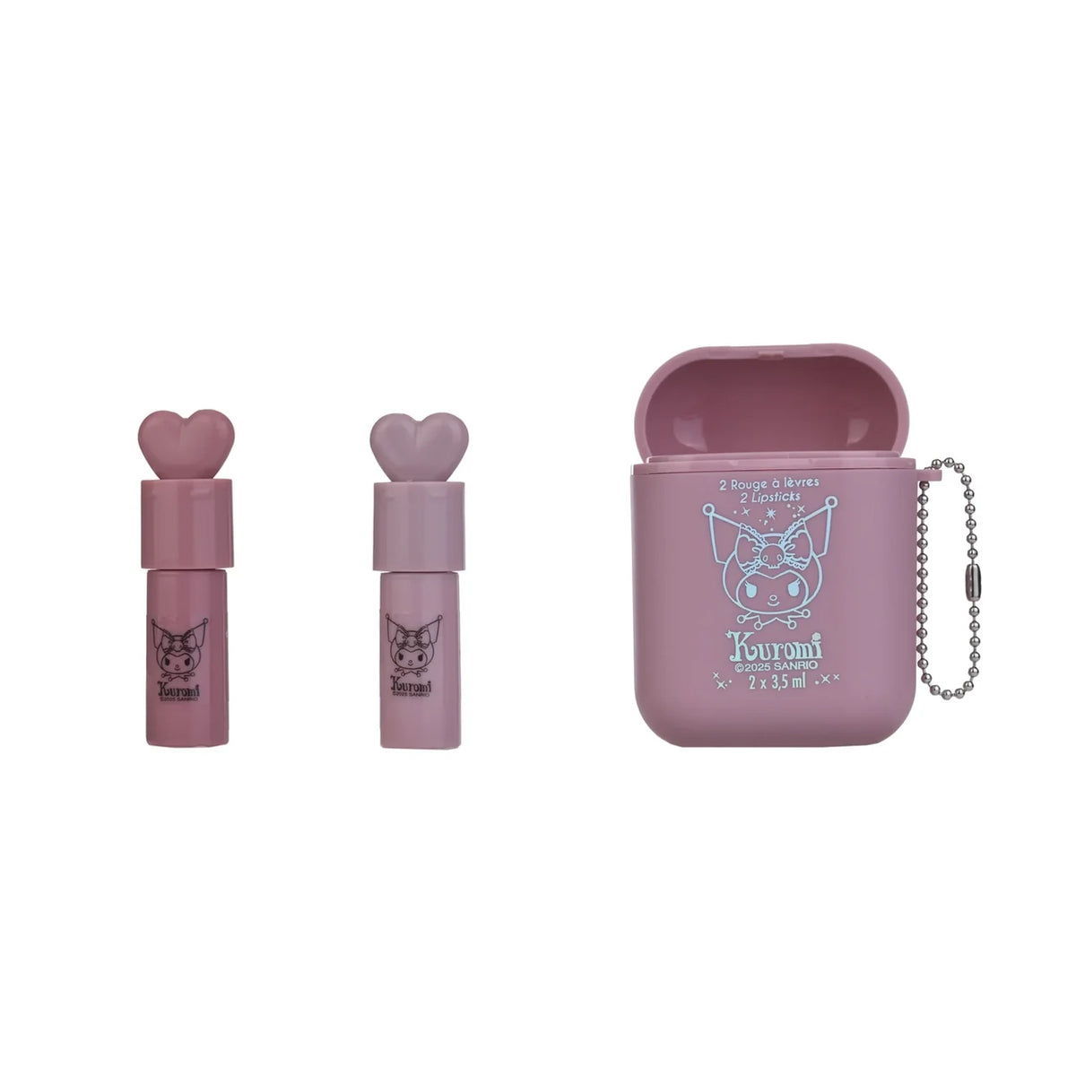Lavender Hello Kitty lipstick case with chain and two heart-topped lipstick tubes