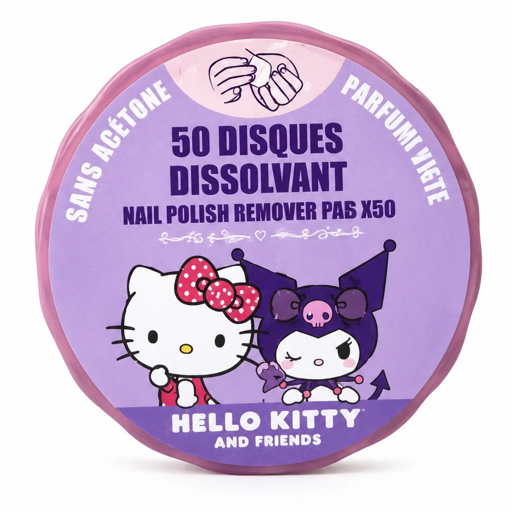 Hello Kitty nail polish remover pads tin, round container with purple character graphic