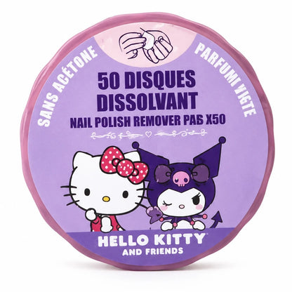 Hello Kitty nail polish remover pads tin, round container with purple character graphic