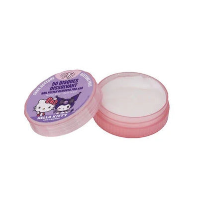 Hello Kitty nail polish remover pads tin opened, showing stacked pink remover pads
