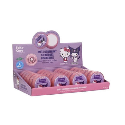Hello Kitty nail polish remover pads display, boxed set of round pink pad canisters