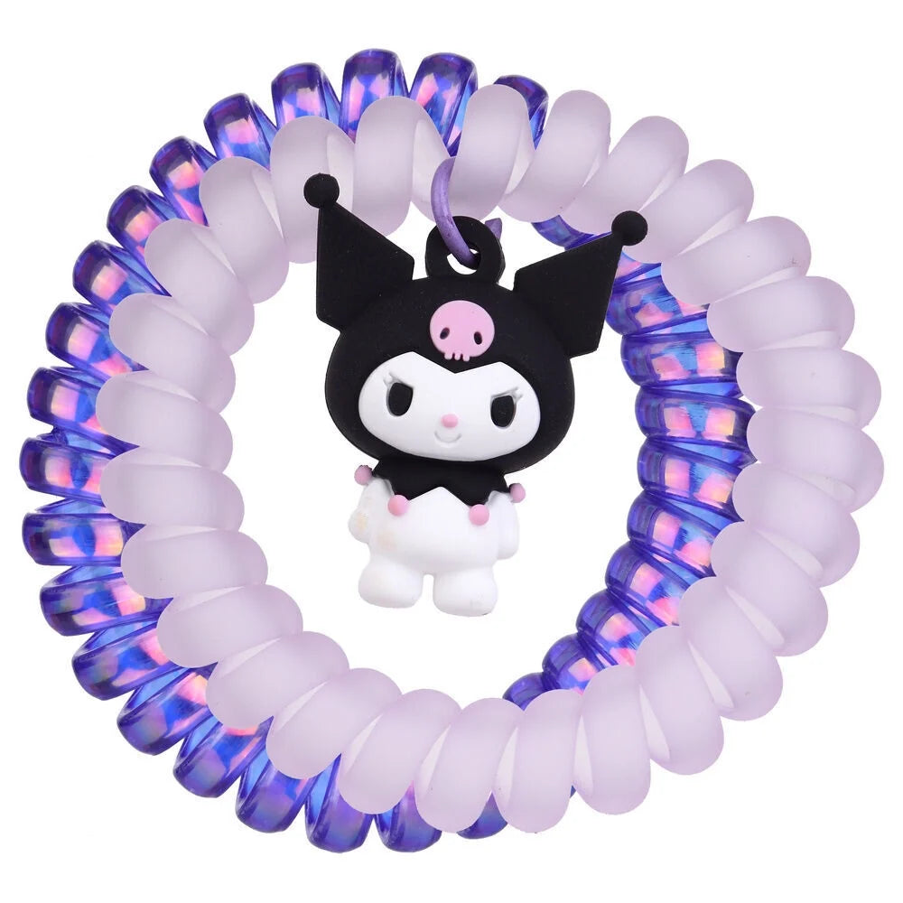 Blue-purple iridescent spiral hair tie with Kuromi character charm