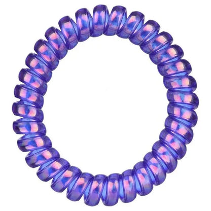Iridescent blue-purple spiral hair tie, clear coiled band