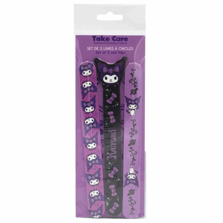 Blister pack with three Take Care nail files in purple and black designs