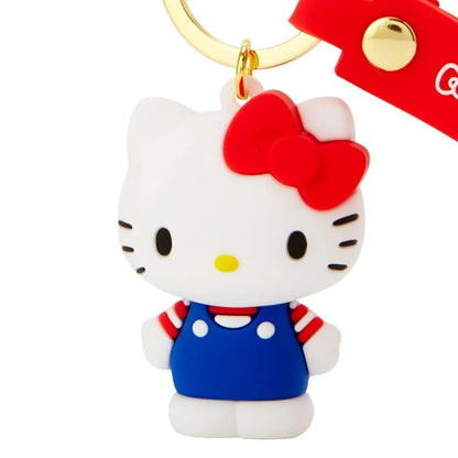 Hello Kitty keychain charm, white cat with red bow and blue dress on gold ring