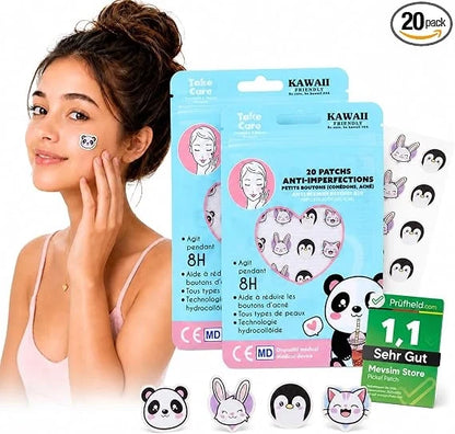 Hydrocolloid anti-pimple patch set with cartoon panda and bunny patches, 20 pack
