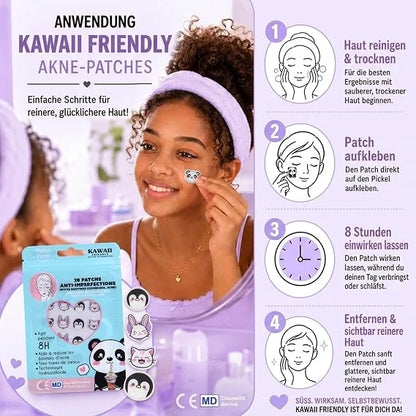Kawaii acne patch kit with panda patch on cheek and illustrated application steps