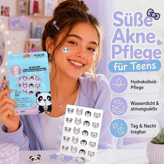 Hydrocolloid pimple patch package with panda and bunny icons, for teens