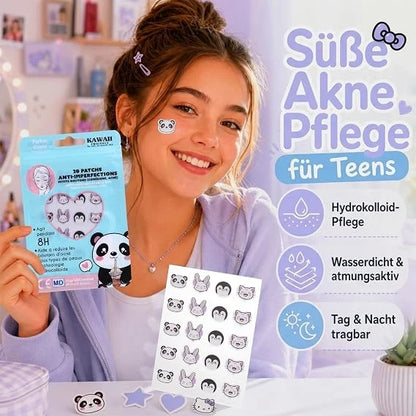 Hydrocolloid pimple patch package with panda and bunny icons, for teens