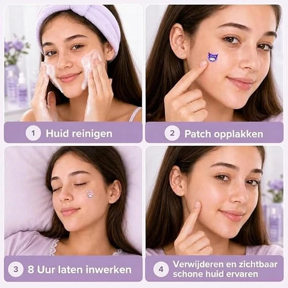 Panda-shaped hydrocolloid pimple patch applied on a cheek, cute Kawaii design