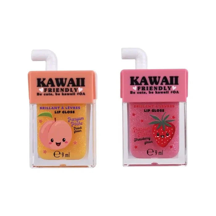 Fruit juice bottle lip gloss, orange and pink twin bottles with cute character labels