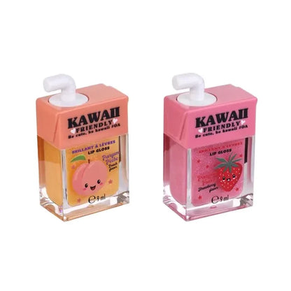 Fruit juice bottle lip gloss pair, orange and pink bottles with flip-top caps