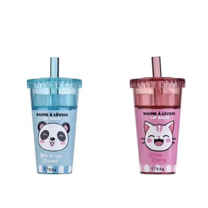 Kawaii panda and cat lip balm cups, blue and pink, with flip-top lids