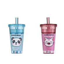 Kawaii panda and cat lip balm cups, blue and pink, with flip-top lids