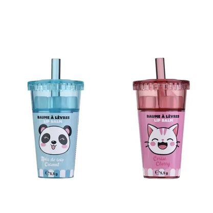 Kawaii panda and cat lip balm cups, blue and pink, with flip-top lids