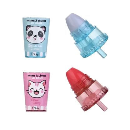 Two kawaii lip balm containers, blue panda and pink cat, with flip-top caps