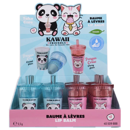 Assorted kawaii lip balm cups on retail display tray, panda and cat graphics