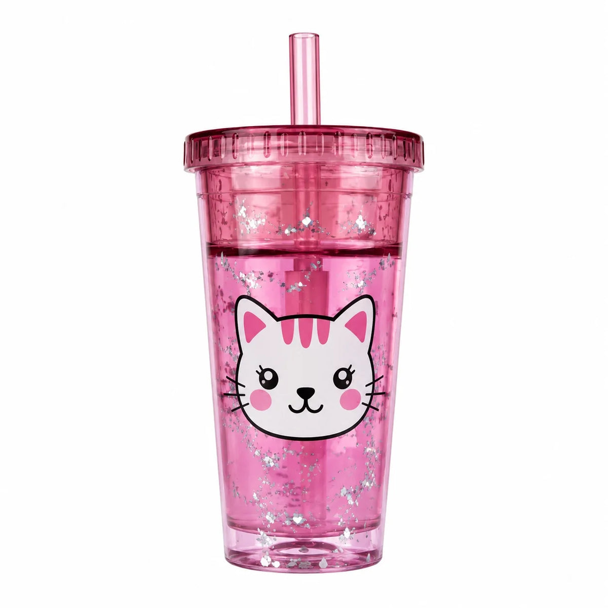 Pink cat lip balm cup with sparkling glitter design and flip-top straw