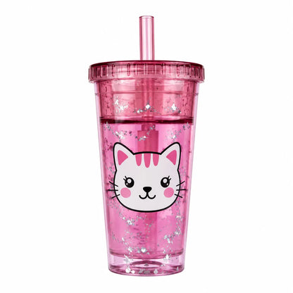 Pink cat lip balm cup with sparkling glitter design and flip-top straw