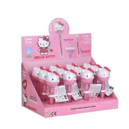 Hello Kitty lollipop lip balm display with multiple pink tubes in retail box