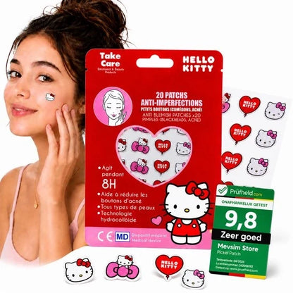Hello Kitty pimple patches box, red package with heart blister and small patch icons