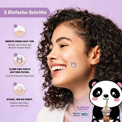 Hello Kitty pimple patch usage infographic with smiling model and panda MD device
