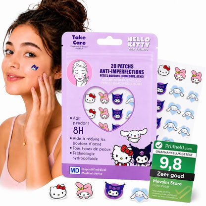 Purple blister pack of 20 hydrocolloid pimple patches with Hello Kitty and cat icons