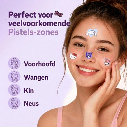 Face with hydrocolloid pimple patches: Hello Kitty, blue cat, and bunny designs on cheeks
