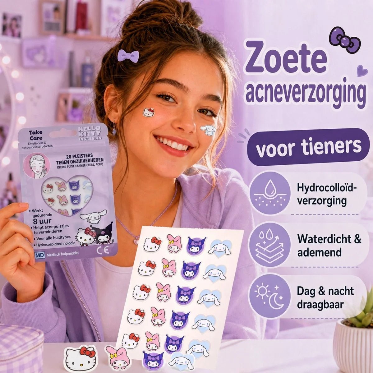 Hydrocolloid pimple patches with Hello Kitty cat designs stuck on face and cheeks