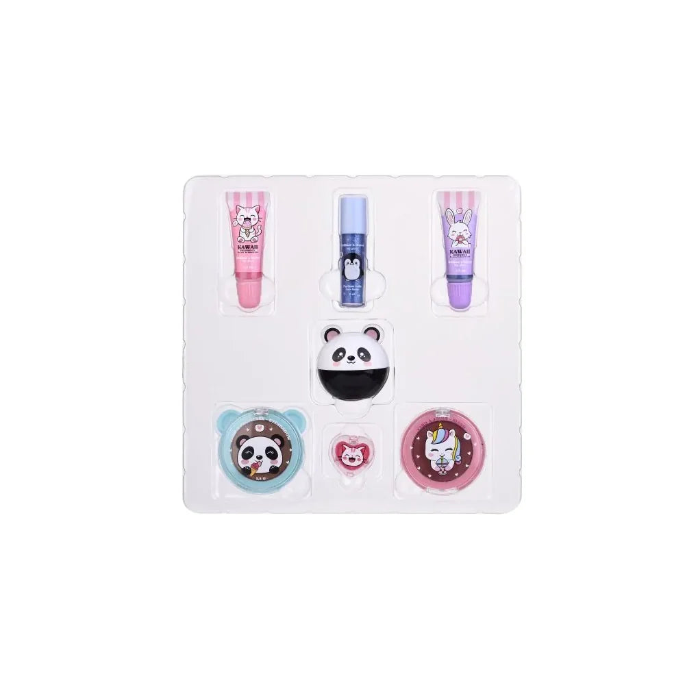 Beauty gift box tray with panda-themed containers and lip balm tubes in pastel colors
