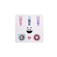 Beauty gift box tray with panda-themed containers and lip balm tubes in pastel colors