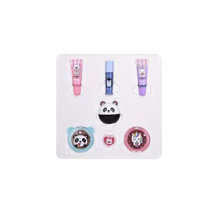 Beauty gift box tray with panda-themed containers and lip balm tubes in pastel colors