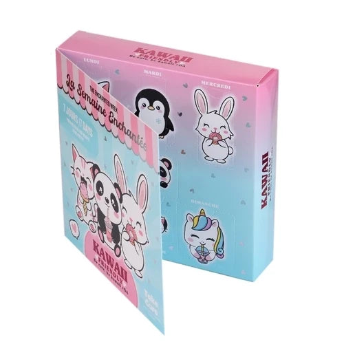 Kawaii-themed beauty gift box with pink lid and blue sides, featuring panda and bunny art