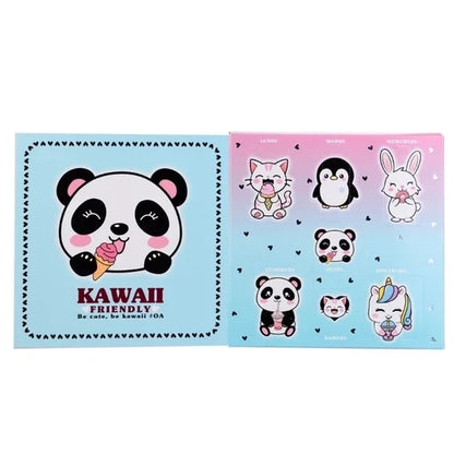 Cute gift box set with panda, cat, and bunny cartoon graphics on blue panels