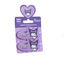 Purple Kuromi logo barrette hair clips, two-piece set on boxed card packaging