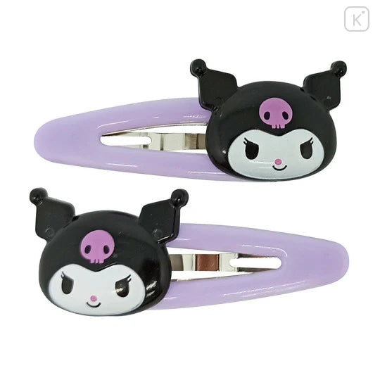 Lavender Kuromi-face barrette hair clips, two-piece set with black snap closures